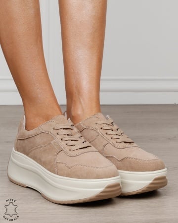 Pantofi sport damă din piele naturală întoarsă cu talpă înaltă CRL1862 KHAKI