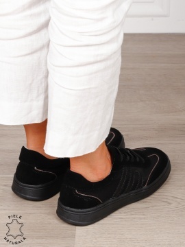 Pantofi sport damă din piele naturală întoarsă si material textil lateral CRL1566 NEGRU - Img 4