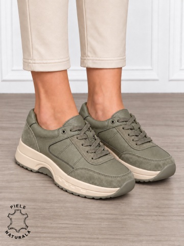 Pantofi sport damă din piele naturală și piele întoarsă cu design modern CRL1896 OLIVE