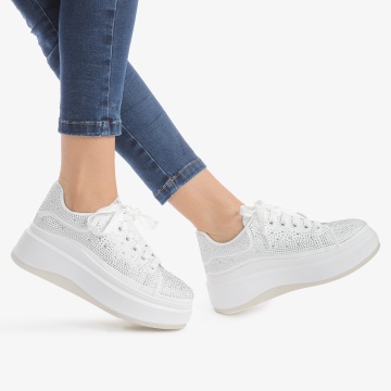 SNEAKERS DAMA din PIELE ECOLOGICA Intoarsa CU STRAS CRL0863 ALB - Img 2
