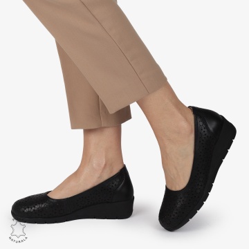 Balerini dama din Piele Naturala cu talpa groasa si Perforati CRL01381NEGRU - Img 2