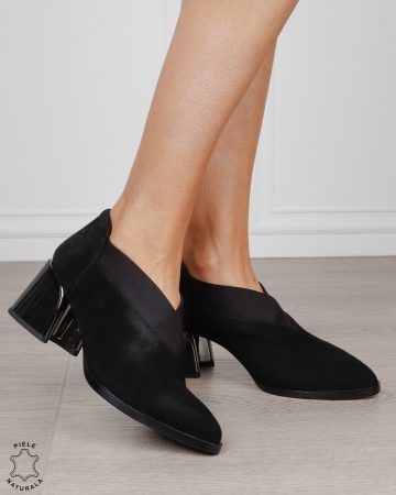 Botine damă din piele naturală întoarsă cu bandă elastică și toc gros CRL1886 NEGRU