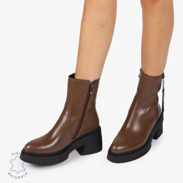 BOTINE DIN PIELE NATURALA cu Fermoar lateral si toc gros CRL1243 Maro - Img 3