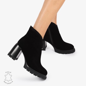 Botine piele naturala intoarsa cu toc Gros si Talpa Aderenta CRL1236 NEGRU - Img 2