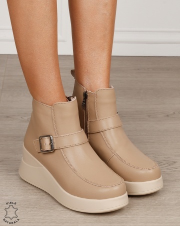 Ghete damă din piele naturală cu baretă cataramă și talpă înaltă CRL1889 KHAKI - Img 2