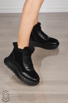 GHETE DAMA scurte din PIELE Naturala Combinata cu Piele intoarsa CRL1528 Negru - Img 2