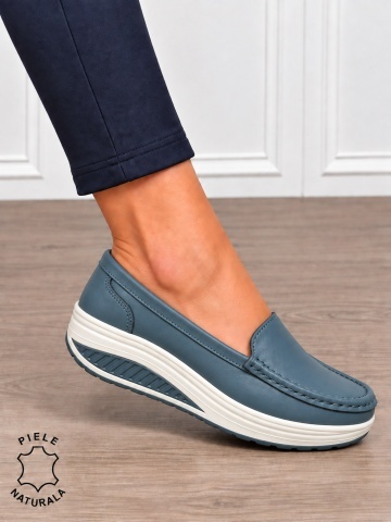 Mocasini damă din piele naturală cu șiret si talpa groasa CRL1859 ALBASTRU