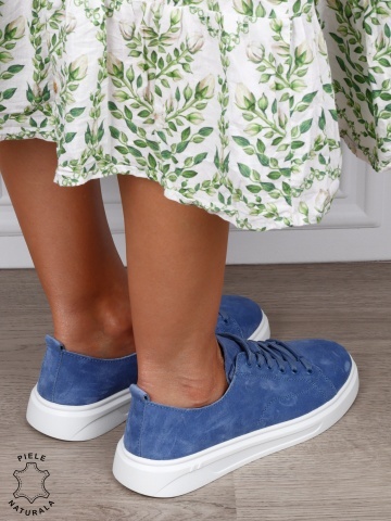 Pantofi casual damă din piele întoarsă naturală cu detaliu decorativ frontal CRL1821 ALBASTRU - Img 3