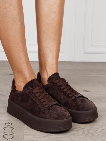 Pantofi casual damă din piele întoarsă naturală cu detaliu decorativ frontal CRL1820 CAFENIU - Img 2