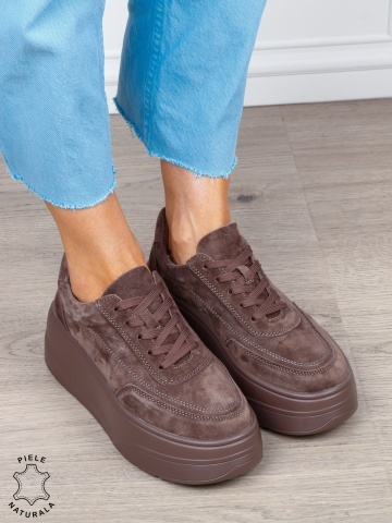 Pantofi casual damă din piele întoarsă naturală cu siret CRL1822 MARO - Img 2