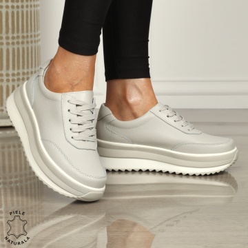 Pantofi casual dama din piele naturala cu șiret comozi și versatili CRL1444 GRI - Img 3