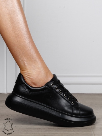 Pantofi Casual Damă din Piele Naturală cu Șiret CRL1802 NEGRU - Img 2