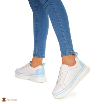 Pantofi Casual dama din Piele naturala cu talpa groasa CRL0054 ALB CU ALBASTRU - Img 3