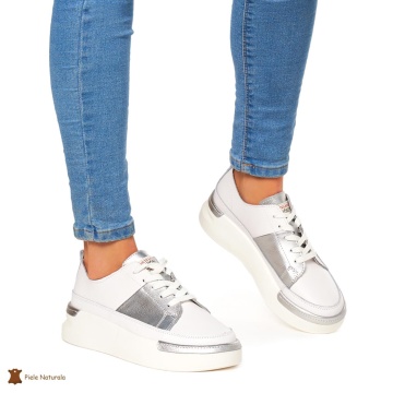 Pantofi Casual dama din Piele naturala cu talpa groasa CRL0056 ALB CU ARGINTIU - Img 3