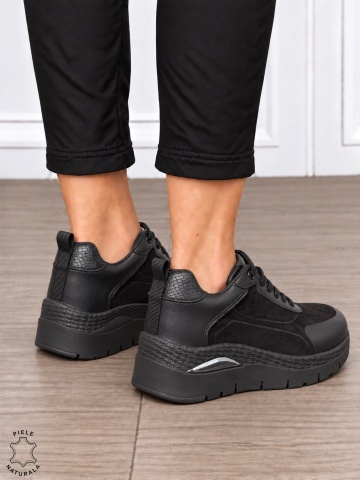 Pantofi casual damă din piele naturală întoarsă cu finisaj catifelat CRL1914 NEGRU - Img 3