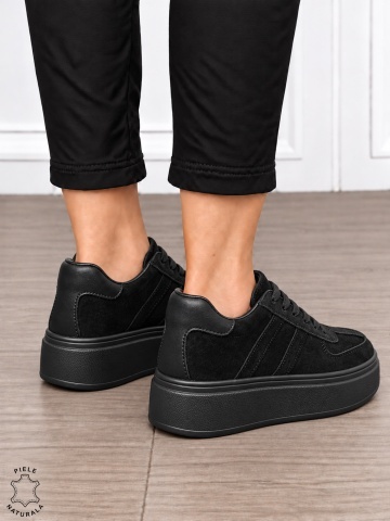 Pantofi casual damă din piele naturală întoarsă cu model lateral CRL1918 NEGRU - Img 3