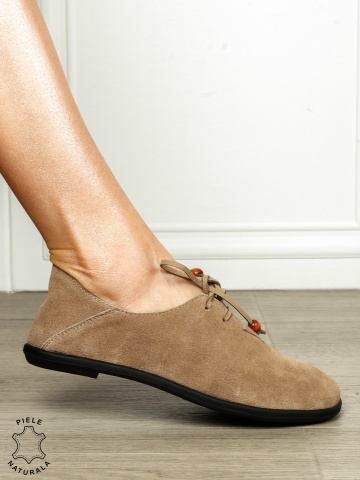 Pantofi Casual Damă din Piele Naturală Întoarsă cu Șiret și Design Minimalist CRL1274 KHAKI - Img 2