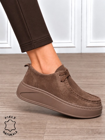 Pantofi casual damă din piele naturală întoarsă cu talpa confortabilă CRL1917 CAFENIU - Img 2