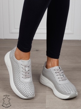 Pantofi Casual dama din Piele Naturala mici perforati CRL1541 GRI - Img 2