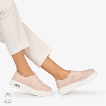 Pantofi Casual dama din Piele Naturala Perforata cu elastic frontal CRL1068 CULOARE: ROZ - Img 2