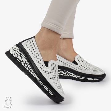 Pantofi Casual dama PERFORATI din Piele naturala CU DESIGN PE TALPA SLIP-ON CRL1337 ALB - Img 2