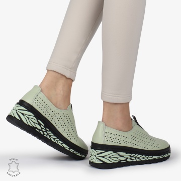 Pantofi Casual dama PERFORATI din Piele naturala CU DESIGN PE TALPA SLIP-ON CRL1338 VERDE - Img 3
