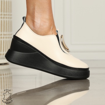 PANTOFI CASUAL DAMA Piele Naturala Slip-on cu deatliu in fata CRL1443 BEJ - Img 2