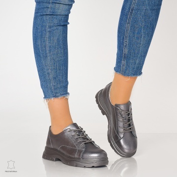 Pantofi casual de dama din piele naturala cu talpa aderenta CRL0010 PEWTER