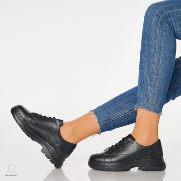 Pantofi casual de dama din piele naturala cu talpa aderenta CRL0010 Negru - Img 4
