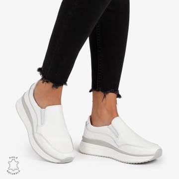 Pantofi Casual de dama din Piele Naturala Slip-On CRL1204 ALB