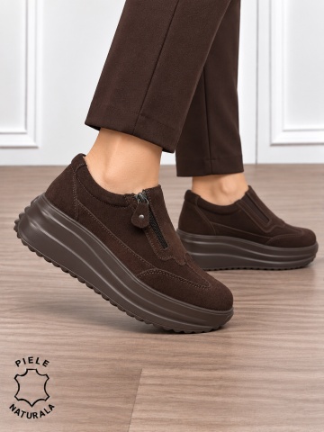 Pantofi casual din piele naturală întoarsă cu inchidere fermoar CRL1919 CAFENIU - Img 2
