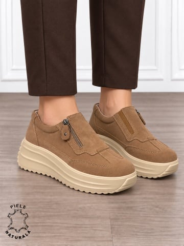 Pantofi casual din piele naturală întoarsă cu inchidere fermoar CRL1919 KHAKI