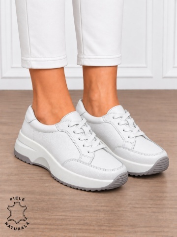Pantofi damă din piele naturală cu șiret CRL1860 ALB