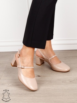 Pantofi dama eleganti cu toc gros si inchidere dubla CRL1608 BEJ