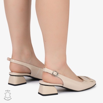 PANTOFI ELEGANTI dama din Piele Naturala CU TOC MIC SI DETALIU PATRAT CRL0986 BEJ - Img 2