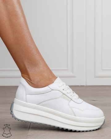 Pantofi sport damă din piele naturală cu siret CRL1881 ALB - Img 2