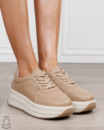 Pantofi sport damă din piele naturală cu talpă înaltă și design modern CRL1881 KHAKI