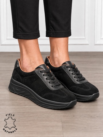 Pantofi sport damă din piele naturală întoarsă cu design casual CRL1894 NEGRU