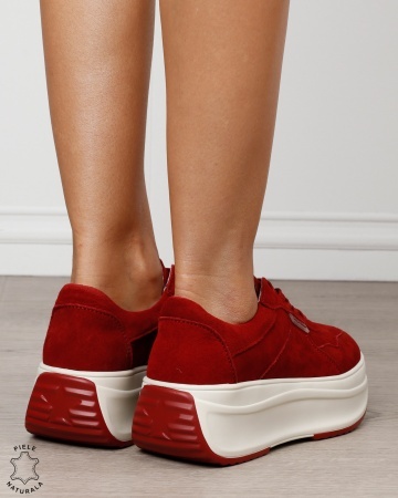 Pantofi sport damă din piele naturală întoarsă cu talpă înaltă CRL1862 ROSU - Img 3