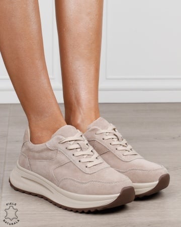 Pantofi sport damă din piele naturală Intoarsa cu talpă înaltă CRL1864 BEJ