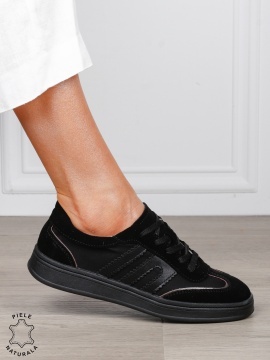 Pantofi sport damă din piele naturală întoarsă si material textil lateral CRL1566 NEGRU