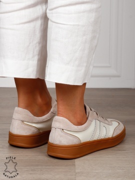 Pantofi sport damă din piele naturală întoarsă si material textil lateral CRL1566 BEJ - Img 3