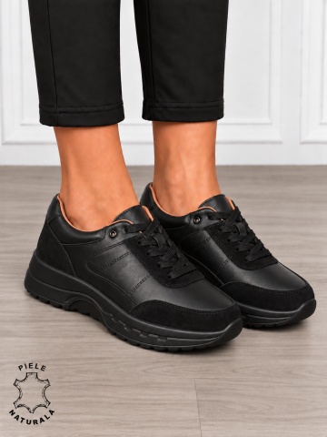 Pantofi sport damă din piele naturală și piele întoarsă cu design modern CRL1896 NEGRU