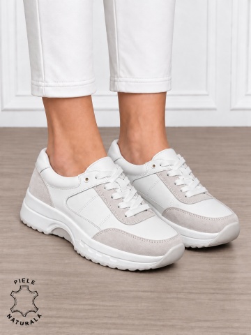 Pantofi sport damă din piele naturală și piele întoarsă cu design modern CRL1896 ALB
