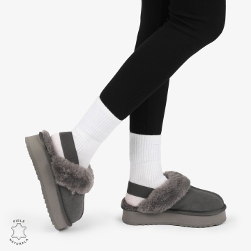 PAPUCI DAMA TIP UG din PIELE INTOARSA CU ELASTIC LA SPATE CRL1269 CULOARE: Gri inchis - Img 3