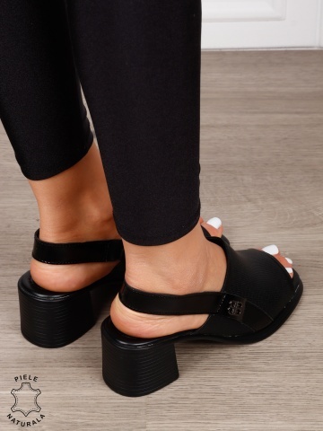 Sandale dama din Piele Naturala cu toc gros CRL1639 NEGRU - Img 3