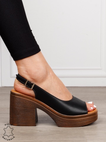 Sandale dama din Piele Naturala model clasic cu toc gros si inalt CRL1641 NEGRU - Img 4