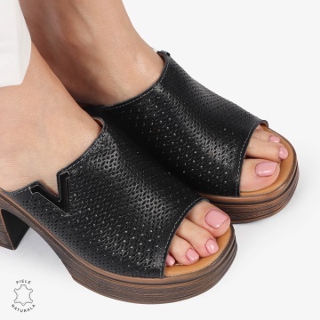 Sandale elegante din piele naturală CU TOC GROS SI INALT CRL1405 NEGRU - Img 2