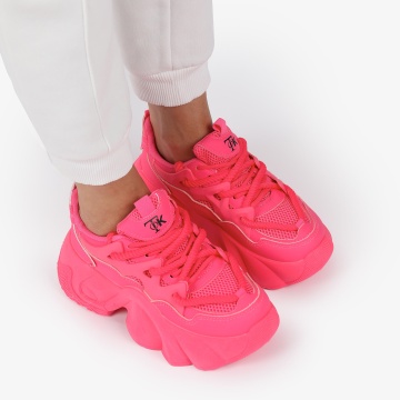 SNEAKERS din PIELE ECOLOGICA SI TEXTIL CU SIRETURI DUBLE SI TALPA INALTA CRL1287 ROZ - Img 3