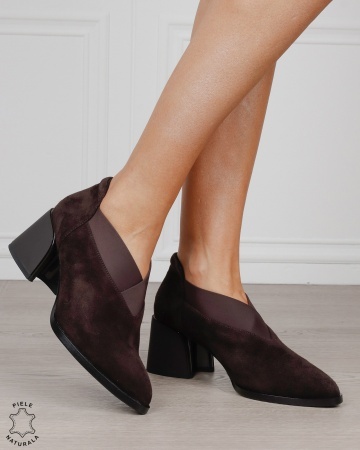 Botine damă din piele naturală întoarsă cu bandă elastică și toc gros CRL1886 CAFENIU - Img 1